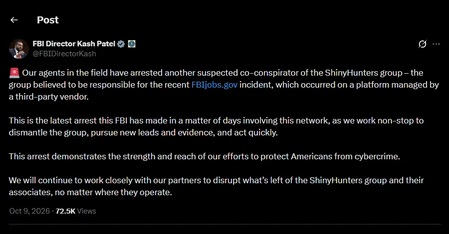 FBI Arrests Another ShinyHunters Suspect Reportedly Involved in Its Jobs Portal Hack