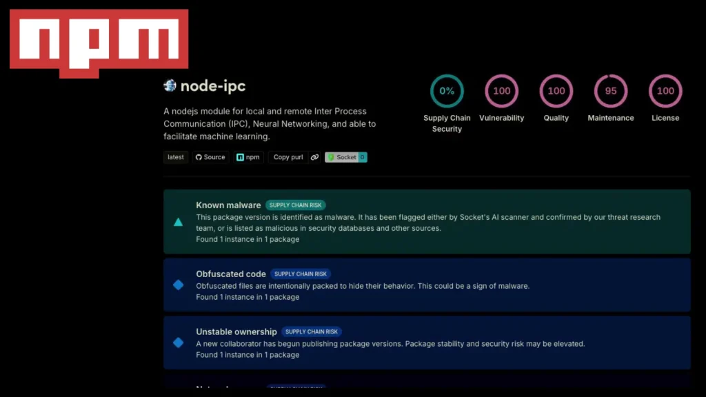Chuỗi cung ứng phần mềm node-ipc bị xâm nhập nguy hiểm
